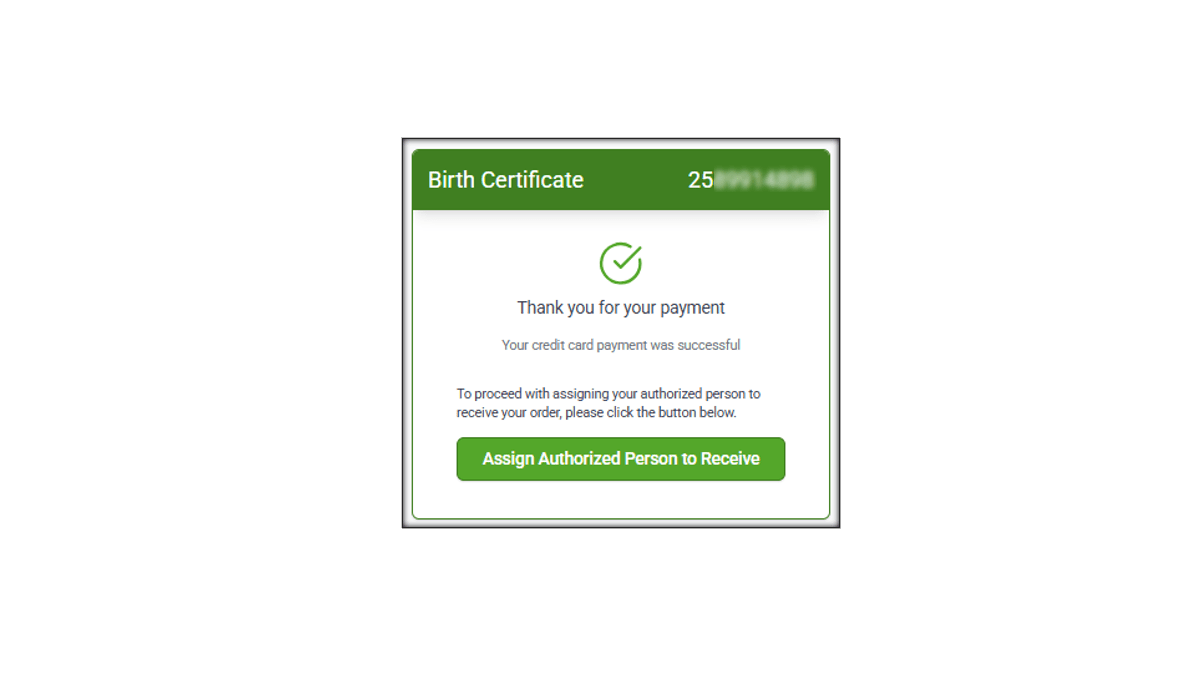 After a successful payment, a button to Assign Authorized Representative appears on the confirmation page.